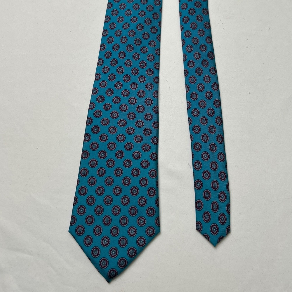 Jos A Bank Vintage Mens Medallion Geometric Silk Necktie Teal Blue Burgundy